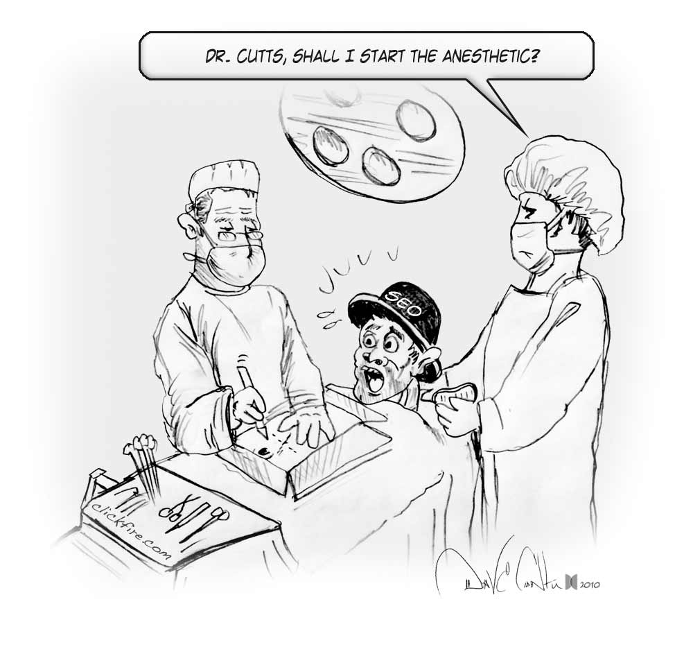 Matt Cutts doing surgery on an SEO - Cartoon