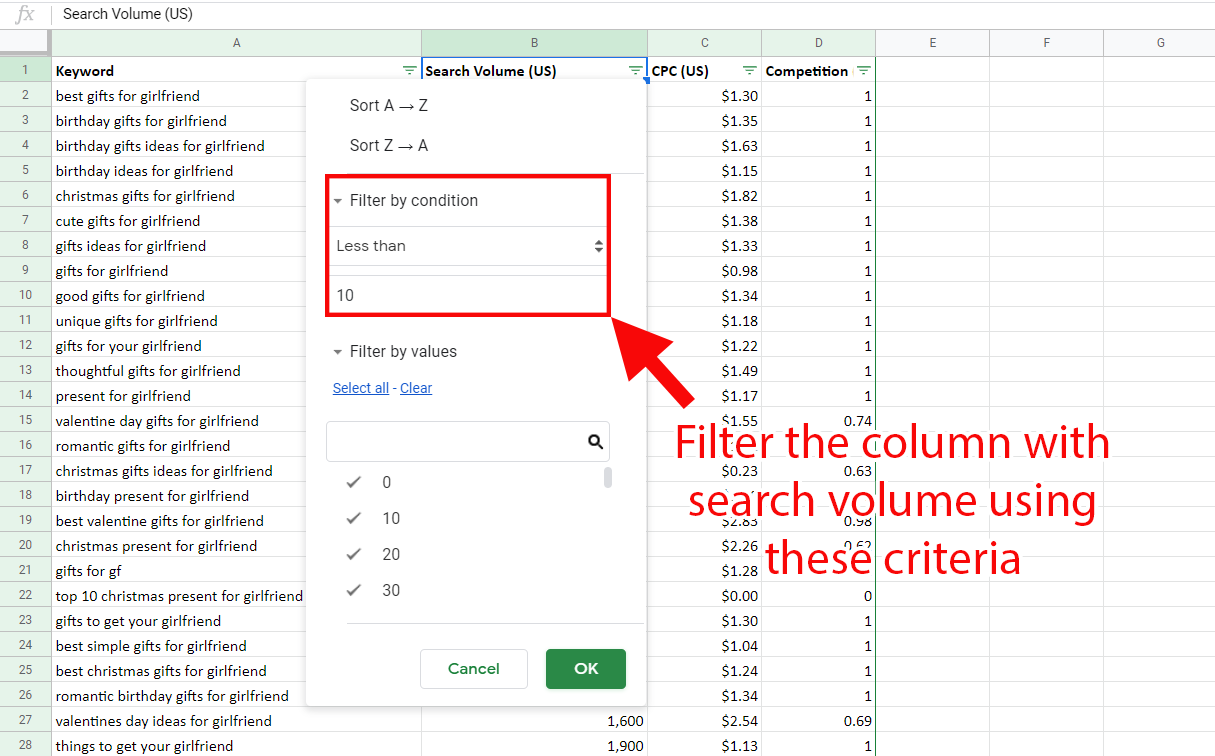 Filtering by condition in Google Sheets