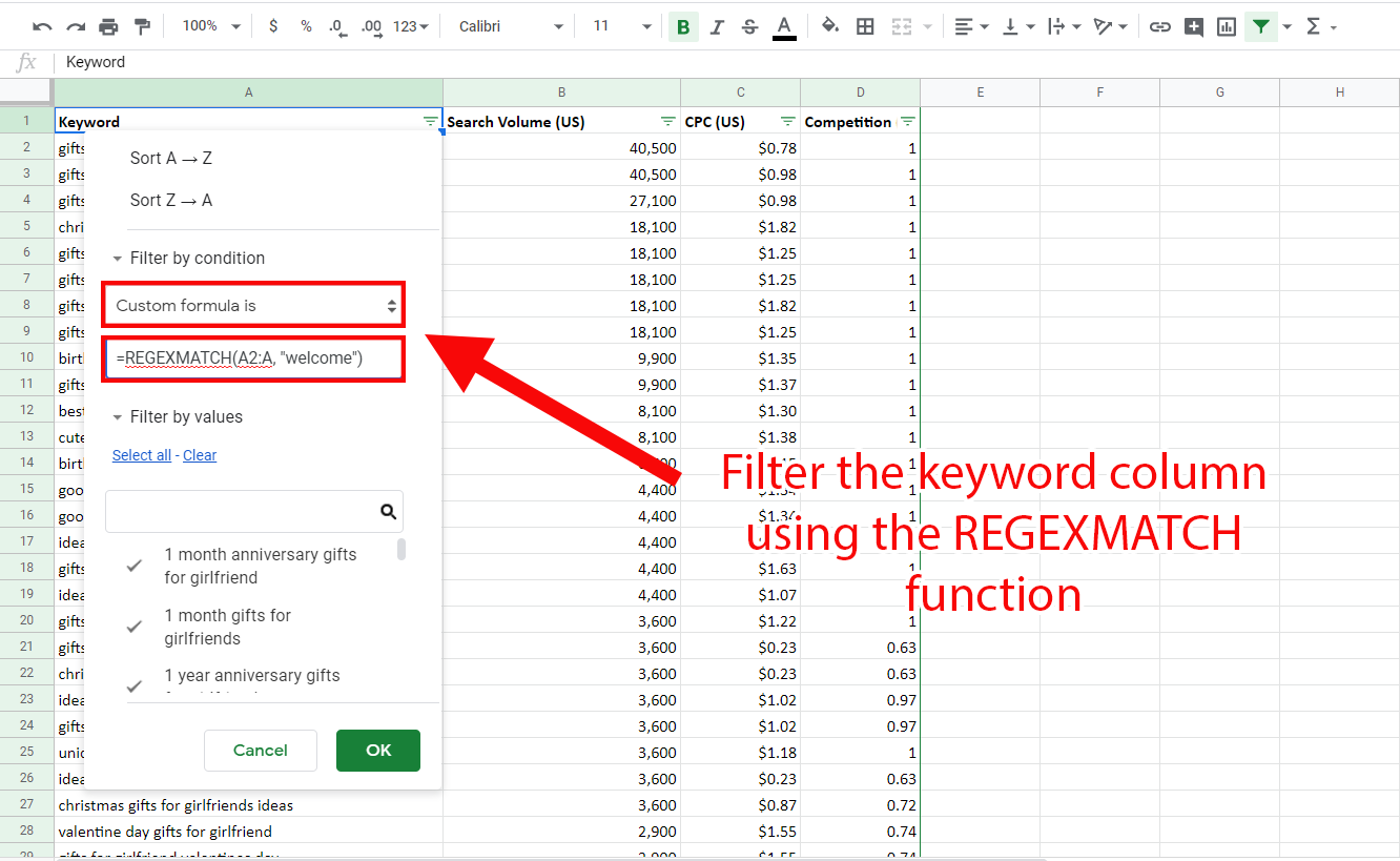 Filter the keywords using the REGEXMATCH function