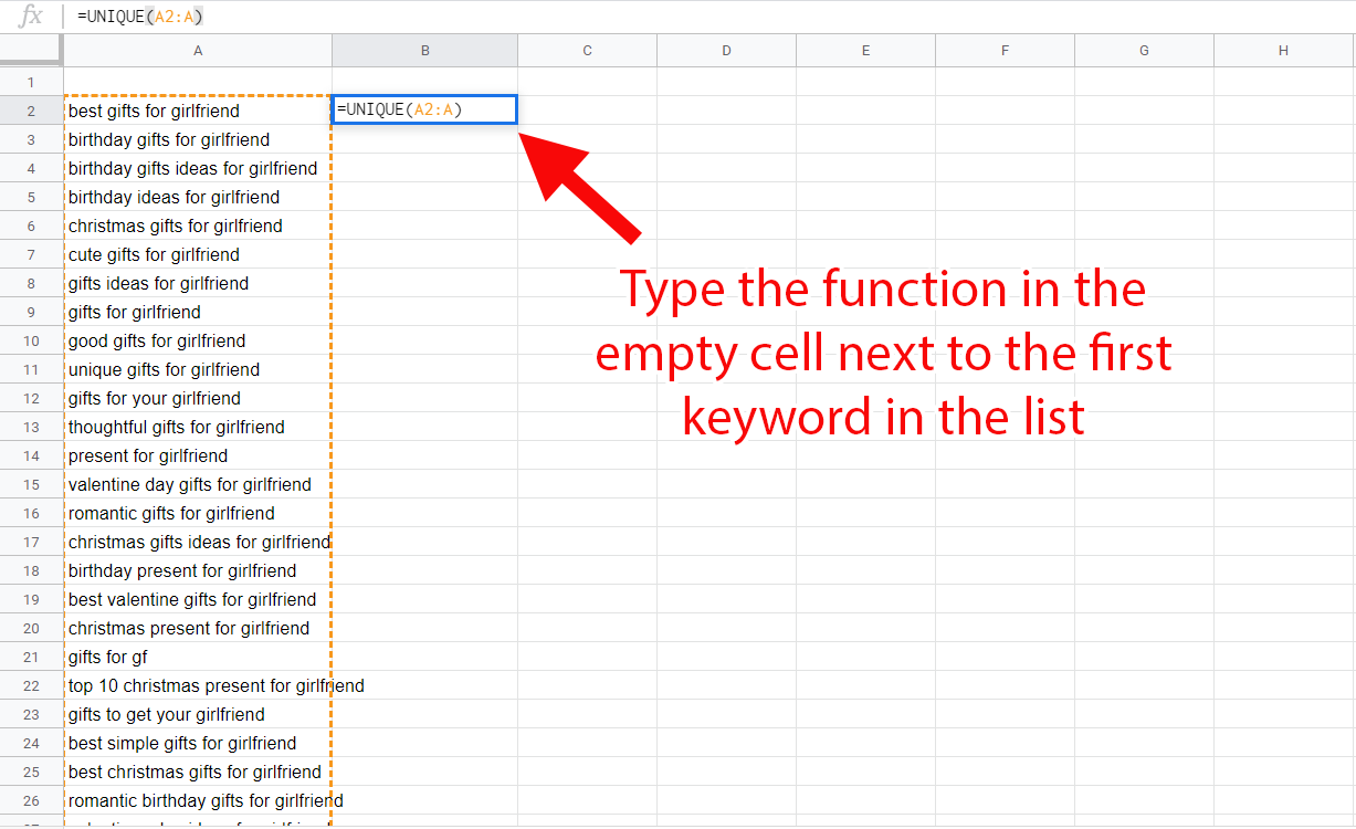Using the UNIQUE function in Google Sheets