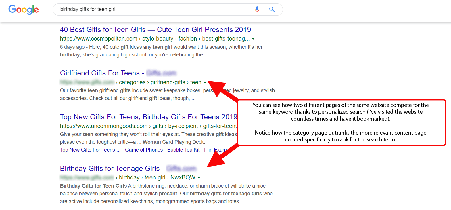 A category outranks a content page for the same term in the SERP