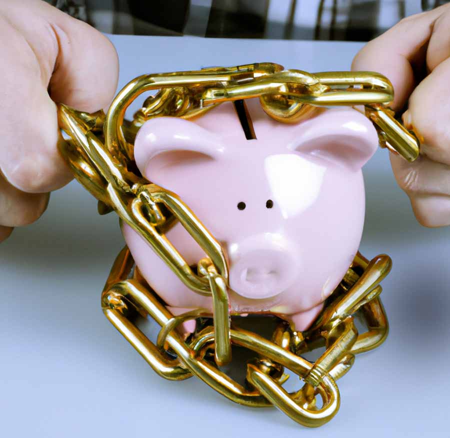 A piggy bank with golden links wrapped around the outside.