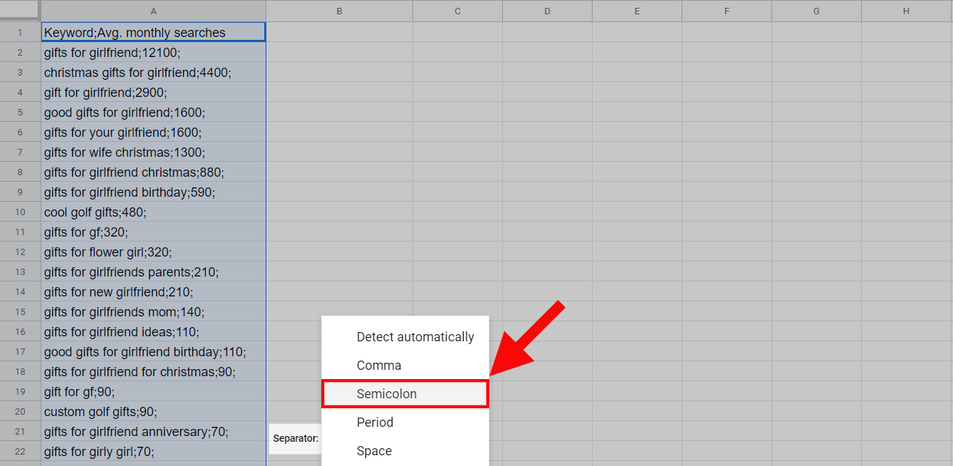 Text-to-column in Google Sheets