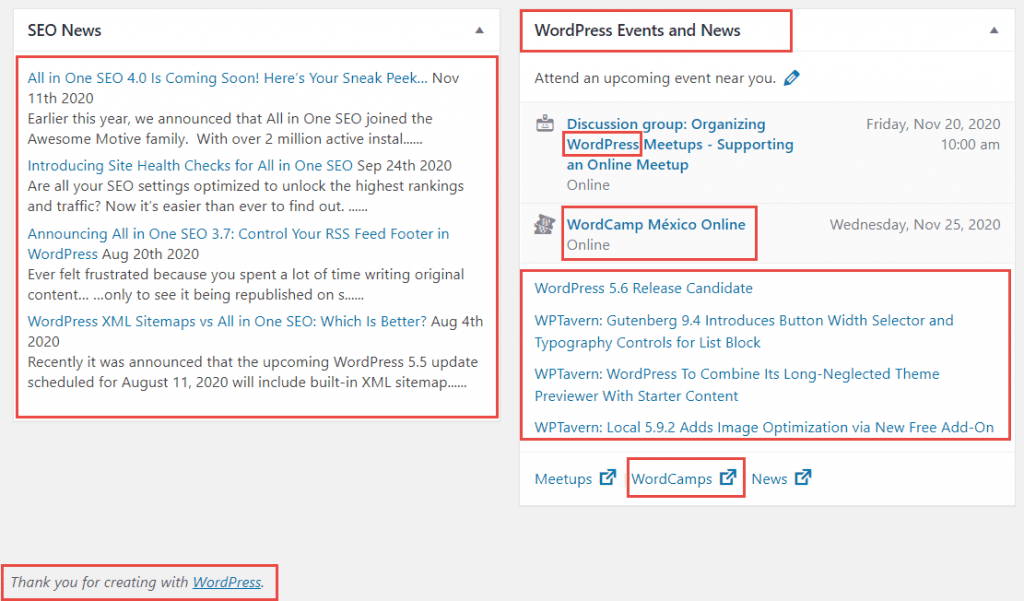 Screenshot of WordPress Admin Blog and News