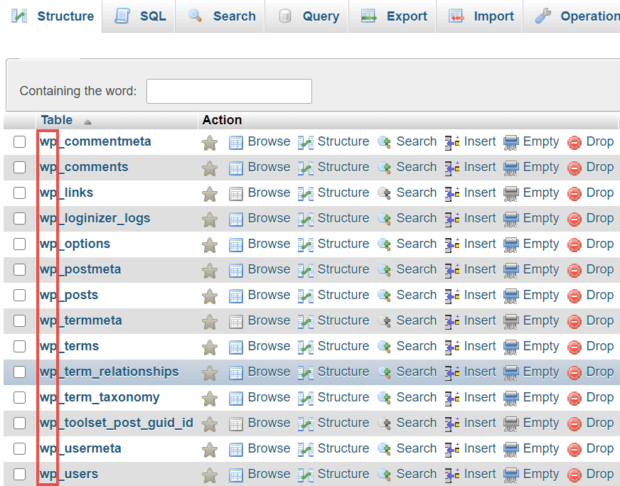 Screenshot of WordPress Database Tables